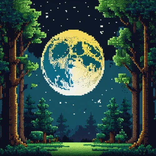 pixel art,cartoon video game background,forest background,earth rise,moon and star background,lunar,lunar landscape,moon at night,moonrise,forest landscape,big moon,the moon,hanging moon,retro background,landscape background,moon,forests,mushroom landscape,moonlit night,moon night,Unique,Pixel,Pixel 01