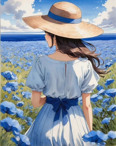 blue painting,blue daisies,blooming field,blue petals,blue sea,straw hat,blue anemone,seaside daisy,summer day,watercolor blue,sea of flowers,blue and white,sea breeze,blue sky,forget-me-not,ocean blue,field of flowers,sea beach-marigold,summer anemone,cosmos wind,Illustration,Paper based,Paper Based 25