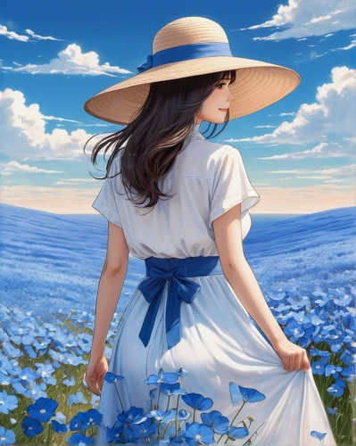 straw hat,high sun hat,blooming field,springtime background,sun hat,sea breeze,country dress,blue painting,cosmos wind,blue background,blue and white,summer day,landscape background,forget-me-not,spring background,summer hat,forget me not,ordinary sun hat,blue sky,sail blue white,Photography,Artistic Photography,Artistic Photography 07