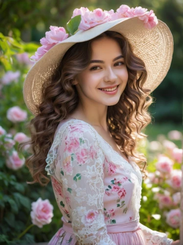 beautiful girl with flowers,girl wearing hat,girl in flowers,social,beautiful young woman,romantic look,pink hat,quinceañera,flower hat,country dress,flower background,miss circassian,romantic portrait,countrygirl,mexican petunia,spring background,garden petunia,portrait photography,vintage floral,vintage girl,Illustration,Paper based,Paper Based 08