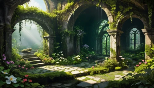 dandelion hall,sanctuary,ruins,mausoleum ruins,forest chapel,hall of the fallen,elven forest,fairy village,fairy house,abandoned place,lost place,witch's house,fairy forest,fantasy landscape,ruin,green garden,the threshold of the house,house in the forest,fairy door,idyll,Unique,Design,Infographics