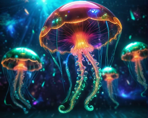 cnidaria,jellyfish,jellyfish collage,jellyfishes,cnidarian,bioluminescence,mushroom landscape,deep sea,sea jellies,undersea,jellies,cephalopods,polyp,under sea,spore,apiarium,fairy galaxy,cephalopod,underwater background,club mushroom,Illustration,Realistic Fantasy,Realistic Fantasy 38