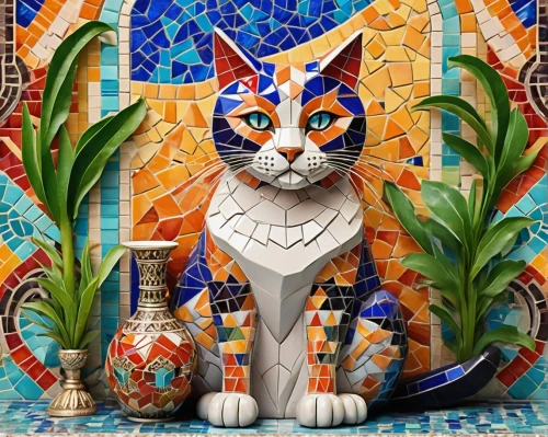 spanish tile,bengal,ceramic tile,gaudí,tiger cat,moroccan pattern,mosaics,aegean cat,arabian mau,marrakech,tile,mosaic glass,ceramic,ceramics,tiles,moqueca,feline,mosaic tealight,cat european,catrín,Illustration,Vector,Vector 17