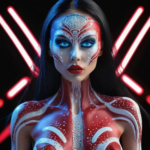 darth talon,neon body painting,bodypaint,body painting,bodypainting,voodoo woman,neon makeup,geisha,body art,face paint,cyborg,red skin,cosmetic,fantasy woman,cirque du soleil,maul,queen of hearts,cg artwork,lopushok,masquerade,Conceptual Art,Sci-Fi,Sci-Fi 13