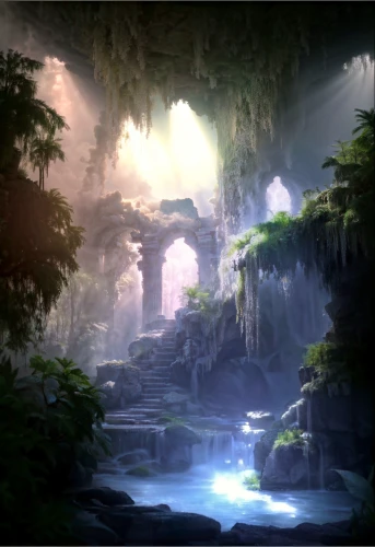 cartoon video game background,fantasy landscape,karst landscape,wasserfall,rain forest,rainforest,landscape background,cave on the water,elven forest,waterfall,ash falls,futuristic landscape,cave,crescent spring,water mist,waterfalls,mountain spring,green waterfall,maya civilization,water fall