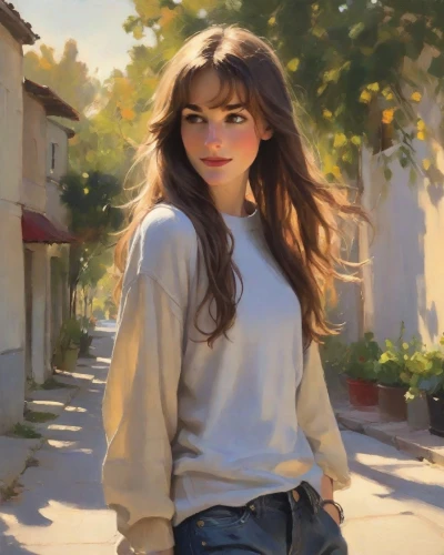 digital painting,girl walking away,world digital painting,photo painting,feist,iranian,hollywood actress,woman walking,girl portrait,young woman,oil painting,painting,mystical portrait of a girl,audrey hepburn-hollywood,romantic look,pretty young woman,romantic portrait,lori,strolling,oil on canvas,Digital Art,Impressionism
