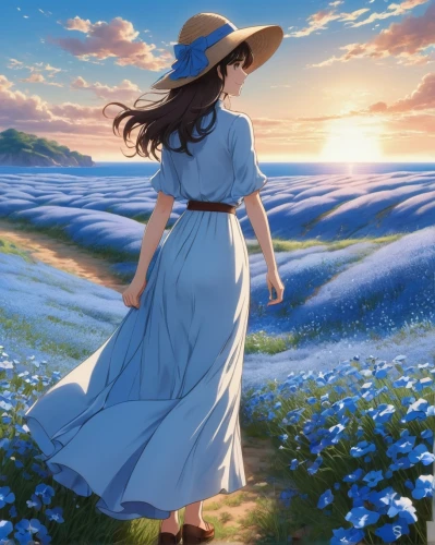 blooming field,violet evergarden,summer meadow,cosmos wind,summer day,little girl in wind,field of flowers,springtime background,country dress,girl in a long dress,spring morning,spring background,straw hat,spring sun,flower field,high sun hat,landscape background,forget-me-not,studio ghibli,summer jasmine,Photography,Artistic Photography,Artistic Photography 15