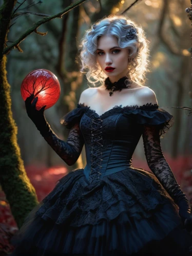 queen of hearts,fantasy picture,fairy tale character,faery,black rose hip,fantasy portrait,victorian lady,crystal ball-photography,fantasy art,fairy tale,black rose,faerie,fantasy woman,red apple,gothic woman,gothic portrait,gothic fashion,enchanting,woods' rose,mystical portrait of a girl,Conceptual Art,Fantasy,Fantasy 18