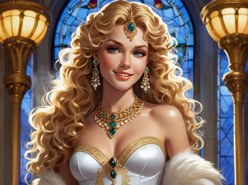 elsa,fantasy portrait,celtic queen,merida,rapunzel,cinderella,priestess,fantasy woman,poker primrose,fantasy art,chrystal,fairy tale character,sorceress,cleopatra,elza,golden crown,cybele,venetia,libra,tiana,Illustration,American Style,American Style 05