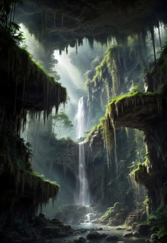 fantasy landscape,green waterfall,karst landscape,fantasy picture,cave,rain forest,elven forest,cave on the water,forest landscape,cartoon video game background,landscape background,world digital painting,nature landscape,rainforest,waterfall,cave tour,ash falls,waterfalls,fantasy art,natural landscape