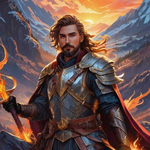 thorin,heroic fantasy,fantasy portrait,dane axe,male elf,htt pléthore,fire background,dwarf sundheim,cg artwork,fantasy art,paladin,god of thunder,portrait background,griffin,northrend,fiery,fantasy picture,lucus burns,flame spirit,fire in the mountains,Conceptual Art,Daily,Daily 21