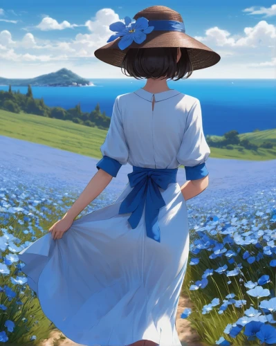 forget-me-not,blooming field,windflower,summer day,field of flowers,blue petals,forget me not,marguerite,straw hat,blue daisies,country dress,blue flower,picking flowers,summer flower,flower field,girl picking flowers,forget-me-nots,high sun hat,sun hat,sea of flowers,Conceptual Art,Fantasy,Fantasy 02