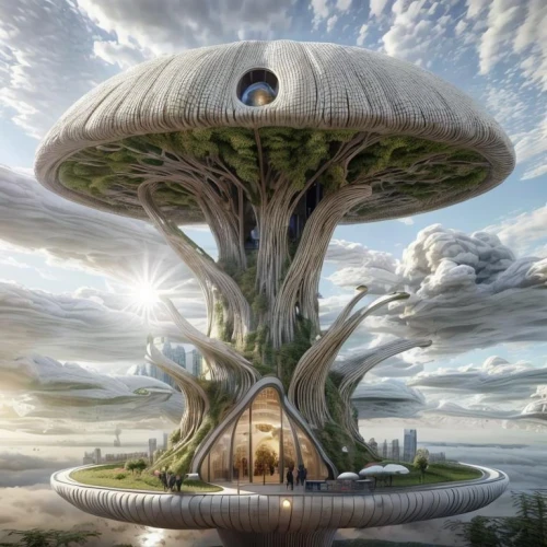 mushroom island,mushroom landscape,tree mushroom,floating island,tree house,tree house hotel,mushroom cloud,floating islands,tree of life,futuristic landscape,club mushroom,treehouse,sky space concept,cloud mushroom,futuristic architecture,utopian,situation mushroom,solar cell base,bird kingdom,champignon mushroom