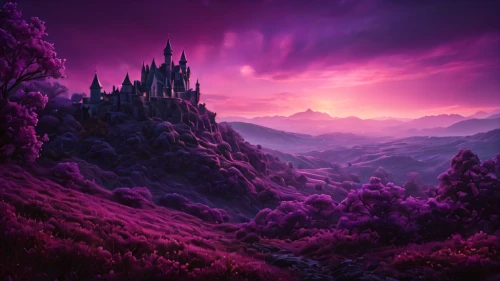 purple landscape,fantasy landscape,fantasy picture,wall,fairy tale castle,3d fantasy,fairytale castle,fantasy world,purple wallpaper,purple,knight's castle,castle of the corvin,fantasy city,landscape background,hohenzollern castle,dusk background,defense,fairy world,rapunzel,fantasy art,Photography,General,Fantasy