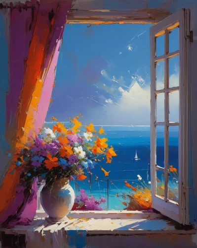 window with sea view,windowsill,window sill,bedroom window,window,ocean view,window seat,window to the world,open window,sea landscape,blue room,the window,one autumn afternoon,summer evening,sea view,bay window,window view,blue painting,seaside view,french windows,Conceptual Art,Sci-Fi,Sci-Fi 22