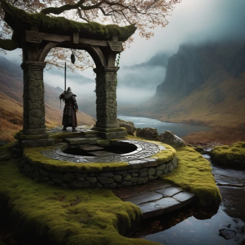 wishing well,woman at the well,fantasy picture,scottish highlands,isle of skye,fountain of the moor,fantasy landscape,water well,scotland,stone fountain,celtic tree,celtic cross,moor fountain,mountain spring,scottish folly,celtic harp,celtic queen,ireland,jrr tolkien,celtic woman,Conceptual Art,Oil color,Oil Color 06