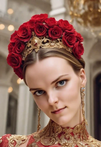 the carnival of venice,flower crown of christ,bridal accessory,headpiece,russian folk style,rose png,gold crown,daisy jazz isobel ridley,diadem,imperial crown,ornate,angelica,crowned,princess sofia,tudor,tiara,bridal,cepora judith,royal crown,renaissance,Photography,Cinematic