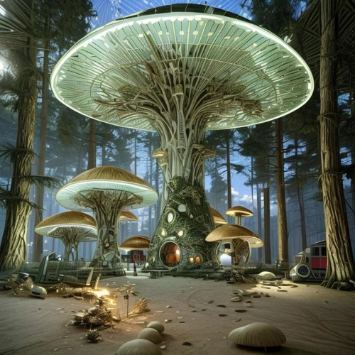 mushroom landscape,tree mushroom,ufo interior,mushroom island,forest mushroom,alien world,futuristic landscape,alien planet,fairy forest,enchanted forest,fantasy picture,tree house hotel,concept art,saucer,ufo,lingzhi mushroom,futuristic architecture,alien ship,magic tree,sky space concept