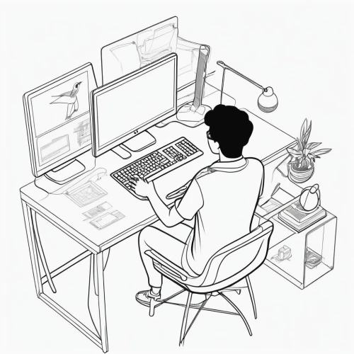 office line art,working space,illustrator,man with a computer,computer addiction,remote work,vector illustration,computer desk,hand-drawn illustration,freelance,writing or drawing device,adobe illustrator,workspace,freelancer,work at home,male poses for drawing,animator,desktop support,telework,computer workstation,Illustration,Black and White,Black and White 04