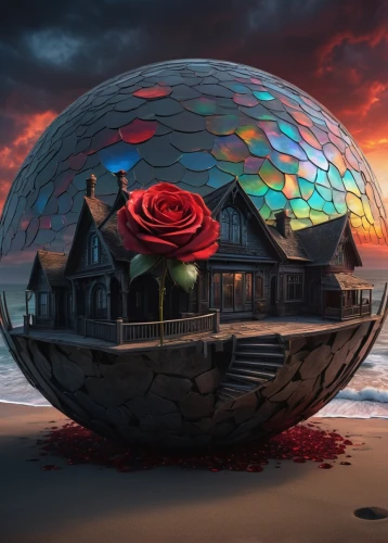 globe flower,the globe,glass sphere,disney rose,prism ball,landscape rose,musical dome,night view of red rose,globe,crystal ball,house of the sea,fantasy picture,waterglobe,romantic rose,burning man,epcot ball,fantasy art,ball fortune tellers,glass ball,flower dome,Illustration,Realistic Fantasy,Realistic Fantasy 17