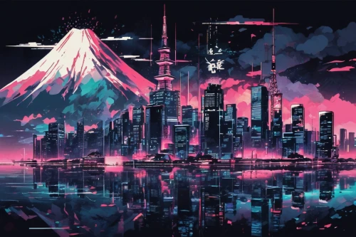 futuristic landscape,tokyo,cityscape,shinjuku,cyberpunk,tokyo city,taipei,volcano,vapor,metropolis,japan,vast,would a background,scifi,tokyo ¡¡,japan landscape,futuristic,skyline,stratovolcano,fantasy city,Illustration,Paper based,Paper Based 30