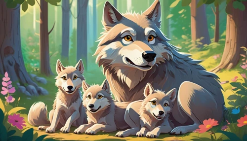 dog illustration,birch family,the mother and children,huskies,family dog,mother and children,woodland animals,forest animals,wolves,acerola family,cartoon forest,family portrait,pine family,the dawn family,color dogs,grass family,wolf pack,family outing,three dogs,dogwood family