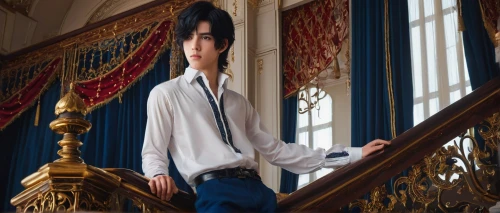 bellboy,blue room,four poster,aristocrat,napoleon iii style,pianist,royal,shouta,prince of wales,prince,victorian style,victorian,cosplay image,ren,elegance,elegant,yukio,mazarine blue,anime japanese clothing,prince of wales feathers,Art,Artistic Painting,Artistic Painting 28