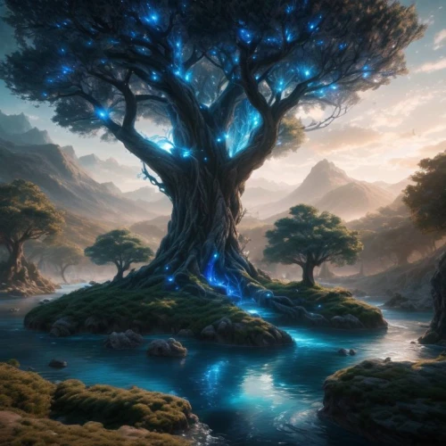 fantasy landscape,magic tree,fantasy picture,dragon tree,celtic tree,tree of life,elven forest,the japanese tree,cartoon video game background,world digital painting,fantasy art,druid grove,isolated tree,ori-pei,flourishing tree,3d fantasy,full hd wallpaper,zion,landscape background,fairy forest