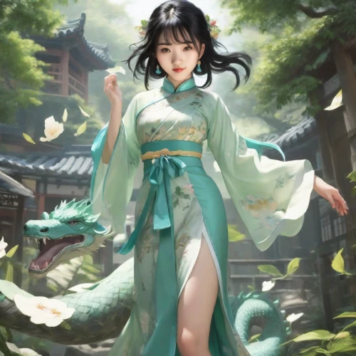 dragon li,green dragon,chinese art,oriental princess,wuchang,chinese dragon,siu mei,xizhi,chinese water dragon,crocodile woman,goki,xiaochi,hwachae,mulan,oriental girl,oriental painting,asia,hanbok,mukimono,xun,Photography,Cinematic