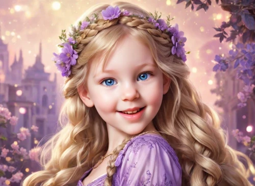 rapunzel,little girl fairy,fairy tale character,child fairy,little princess,princess sofia,princess anna,precious lilac,violet head elf,children's fairy tale,lilac blossom,children's background,mystical portrait of a girl,elsa,fairy queen,fantasy portrait,faery,child portrait,the little girl,violet,Digital Art,Classicism