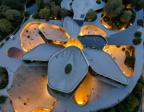 roof domes,futuristic art museum,olympiapark,futuristic architecture,soumaya museum,guggenheim museum,autostadt wolfsburg,planetarium,view from above,tempodrom,vilnius,from above,aerial landscape,musical dome,roof landscape,chinese architecture,archidaily,qlizabeth olympic park,zoo brno,dome roof,Photography,General,Realistic