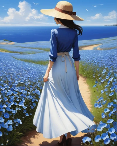 blooming field,field of flowers,blue daisies,blue flax,forget-me-not,marguerite,flower field,marguerite daisy,anemone coronaria,flowers field,windflower,pilgrim,sea of flowers,country dress,blue petals,forget me not,straw hat,cape marguerite,perennial flax,cape marguerites,Illustration,Realistic Fantasy,Realistic Fantasy 16