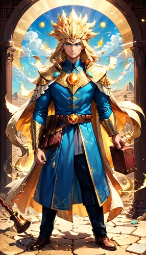 sun god,alibaba,golden sun,leo,sunburst background,pharaoh,helios,paladin,magi,golden crown,sun,knight star,summoner,sol,sea god,cg artwork,the ruler,norse,vane,king sword,Anime,Anime,General