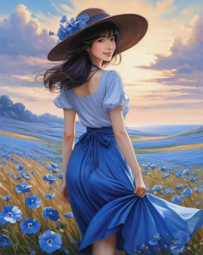 blue rose,blue moon rose,blue flower,jasmine blue,blue petals,himilayan blue poppy,windflower,country dress,blooming field,blue painting,blue daisies,girl in a long dress,blue ribbon,blue background,blue flax,straw hat,field of flowers,springtime background,little girl in wind,girl in flowers,Illustration,Realistic Fantasy,Realistic Fantasy 30