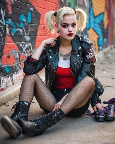 harley quinn,harley,punk,grunge,rockabilly style,rockabella,femme fatale,bad girl,wallis day,rockabilly,marylyn monroe - female,renegade,goth woman,kali,cross legged,rocker,goth subculture,toni,cruella,punk design,Illustration,Retro,Retro 07