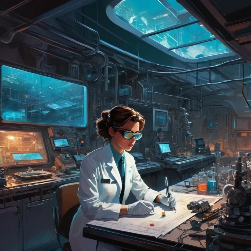fish-surgeon,sci fi surgery room,chemical laboratory,laboratory,sci fiction illustration,scientist,biologist,marine scientists,laboratory information,transistor checking,transistor,researcher,lab,operating room,female doctor,research station,watchmaker,microbiologist,chemist,ship doctor,Conceptual Art,Oil color,Oil Color 04
