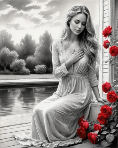 romantic rose,romantic portrait,romantic look,red roses,red rose,scent of roses,lover's grief,with roses,beautiful girl with flowers,relaxed young girl,celtic woman,yellow rose on red bench,yellow rose background,loneliness,romantic scene,contemplation,photo manipulation,longing,femininity,splendor of flowers,Illustration,Black and White,Black and White 30