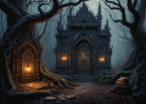 haunted cathedral,witch's house,witch house,gothic architecture,gothic church,sepulchre,dark cabinetry,haunted castle,ghost castle,the haunted house,gothic style,gothic,dark gothic mood,blood church,hall of the fallen,haunted house,halloween background,mortuary temple,halloween illustration,stave church,Illustration,Paper based,Paper Based 29