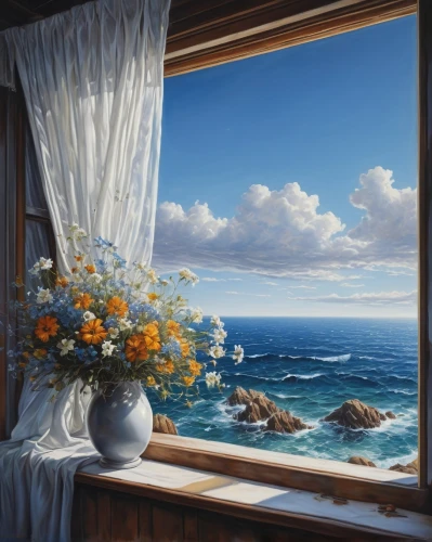window with sea view,landscape with sea,sea landscape,window treatment,ocean view,window to the world,bedroom window,window covering,open window,window curtain,coastal landscape,seascape,window view,sea view,window,the window,windowsill,panoramic landscape,seaside view,window seat,Conceptual Art,Daily,Daily 01
