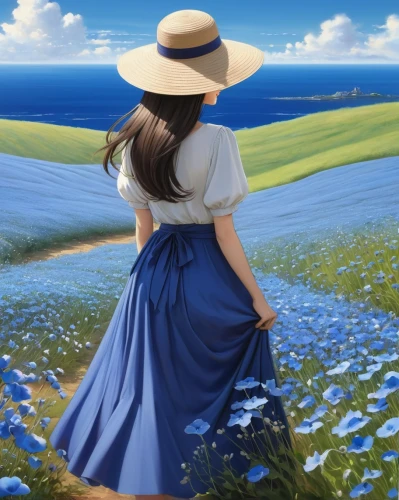 landscape background,water forget me not,blooming field,blue flax,sea breeze,springtime background,blue painting,ulysses butterfly,background image,blue rose,forget-me-not,world digital painting,summer day,little girl in wind,idyll,summer meadow,forget me not,the wind from the sea,perennial flax,spring background,Illustration,Realistic Fantasy,Realistic Fantasy 16