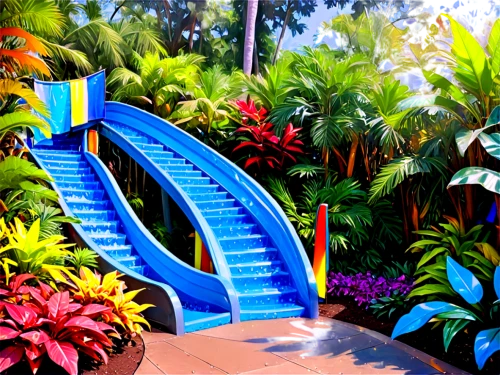 water stairs,tropical house,tropical island,water park,tropical jungle,palm garden,tropics,resort,winding steps,tropical bloom,majorelle blue,mahogany bay,diamond lagoon,sub-tropical,botanical gardens,loro parque,stairway to heaven,stairway,gardens,palm branches,Conceptual Art,Oil color,Oil Color 20