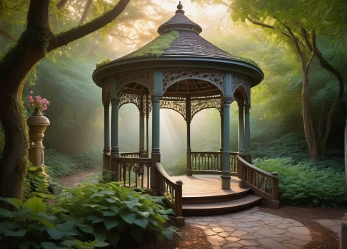 gazebo,forest chapel,wishing well,pop up gazebo,fairy house,fantasy picture,tree house,garden bench,treehouse,pergola,lantern,house in the forest,world digital painting,canopy bed,conservatory,japanese shrine,secret garden of venus,bird cage,shrine,fairy stand,Illustration,American Style,American Style 15