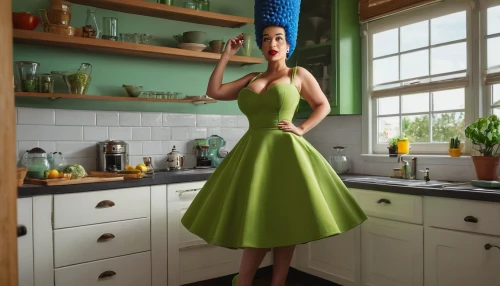 girl in the kitchen,girl in a long dress,cleaning woman,cocktail dress,housewife,woman holding pie,vintage kitchen,housework,girl in a long dress from the back,tiana,a girl in a dress,green dress,blender,big kitchen,housekeeper,milkmaid,dishwasher,digital compositing,hoopskirt,kitchen appliance,Photography,General,Natural