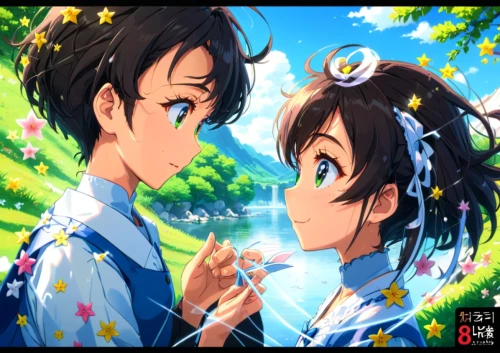 honolulu,hiyayakko,euphonium,honmei choco,young couple,cg artwork,haruhi suzumiya sos brigade,romantic portrait,boy and girl,kimonos,floral greeting,tsumugi kotobuki k-on,japanese floral background,girl and boy outdoor,two hearts,anime cartoon,floral background,apple pair,lilies,floral heart,Anime,Anime,Traditional