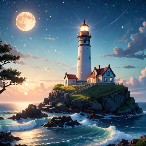 lighthouse,light house,fantasy picture,world digital painting,full hd wallpaper,fantasy landscape,electric lighthouse,landscape background,red lighthouse,light station,petit minou lighthouse,hd wallpaper,moon and star background,background images,children's background,fantasy art,ocean background,delight island,moonlit night,photoshop manipulation,Anime,Anime,Cartoon