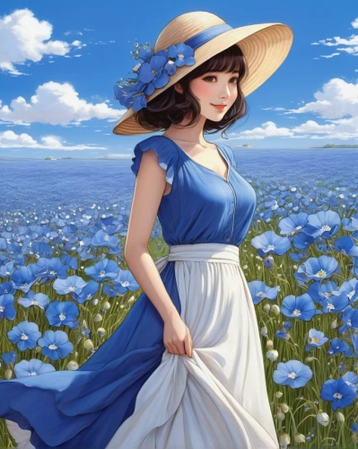 blue daisies,himilayan blue poppy,blue rose,anemone coronaria,blue flower,blooming field,windflower,blue petals,field of flowers,flower field,forget-me-not,jasmine blue,cosmos wind,blue flowers,flowers field,flower background,blue painting,blue background,blue and white,straw hat,Conceptual Art,Daily,Daily 34