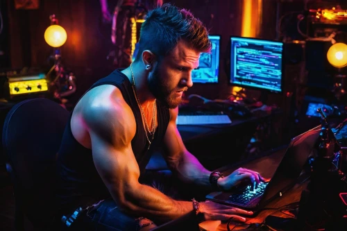 projectionist,biceps,man with a computer,chris evans,dj,concentrical,concentration,muscles,nerve,scene lighting,arms,cyberpunk,coder,chord,muscle icon,in a working environment,work from home,video gaming,mechanic,cinematographer,Illustration,Realistic Fantasy,Realistic Fantasy 37