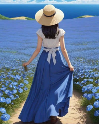 blooming field,blue daisies,straw hat,seaside daisy,seerose,country dress,marguerite,windflower,field of flowers,forget-me-not,blue rose,sea of flowers,cosmos field,anemone coronaria,petunias,girl picking flowers,pilgrim,cosmos wind,blue flax,flower field,Illustration,Japanese style,Japanese Style 17