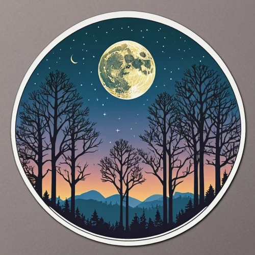 moon and star background,moon phase,clipart sticker,decorative plate,birch tree illustration,hanging moon,circle icons,fairy tale icons,lunar landscape,life stage icon,circle around tree,birch tree background,lunar phases,full moon,landscape background,badges,kr badge,moonrise,round autumn frame,forest background,Unique,Design,Sticker