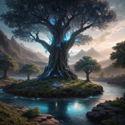 celtic tree,fantasy landscape,fantasy picture,magic tree,tree of life,lone tree,isolated tree,elven forest,fantasy art,flourishing tree,landscape background,dragon tree,forest tree,world digital painting,a tree,mother earth,robert duncanson,oak tree,the branches of the tree,old tree